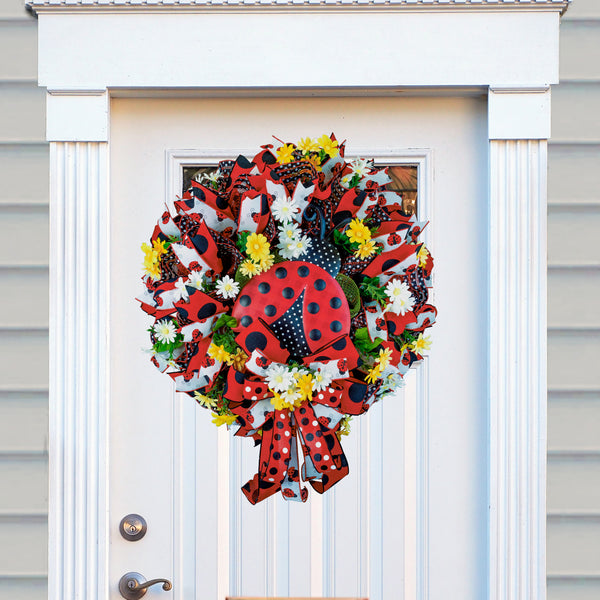 Ladybug wreath, ladybird, front door wreath, daisies, polka dots, gift, hanging, everyday, spring summer fall, red, 26". W40219A