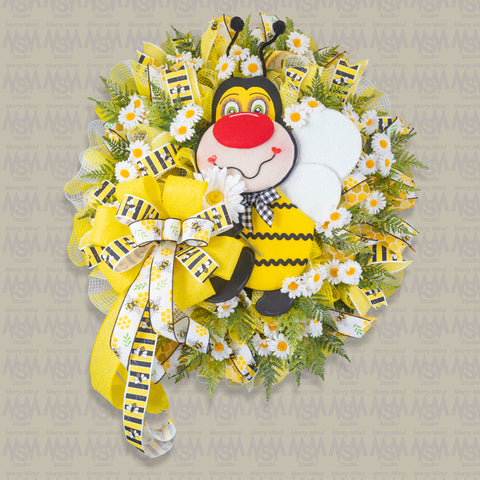 Bee wreath, Plush Bee, Spring-Summer, flowers, everyday, door hanger, front door, gift, door, W40307A