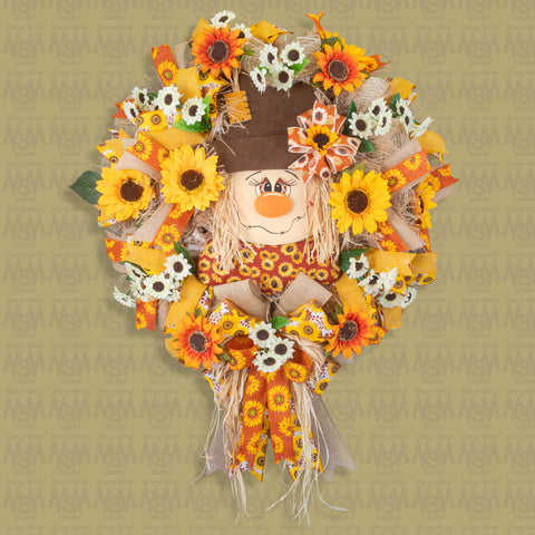 Scarecrow Whimsical Happy wreath for autumn or everyday use, 25" diameter, 8" deep, door hanger. W40614A