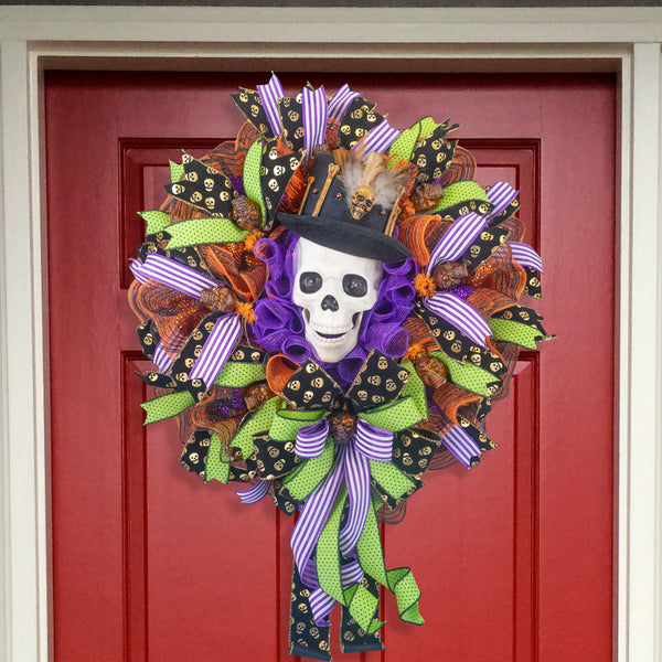 Halloween Wreath, talking skull wreath, lighted skull wreath, skull wreath, front door wreath, Autumn, fall W40813A