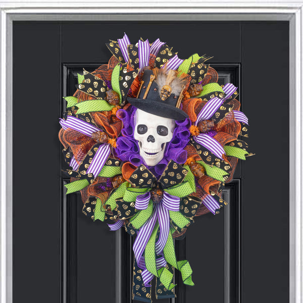 Halloween Wreath, talking skull wreath, lighted skull wreath, skull wreath, front door wreath, Autumn, fall W40813A