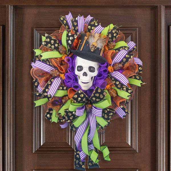 Halloween Wreath, talking skull wreath, lighted skull wreath, skull wreath, front door wreath, Autumn, fall W40813A