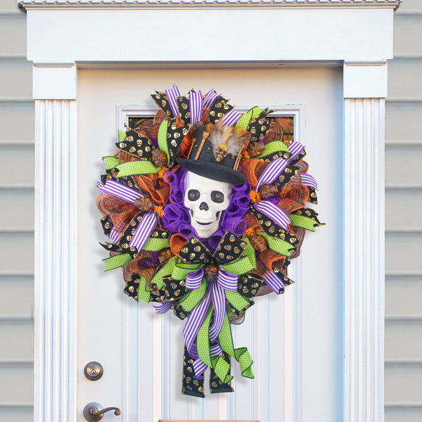 Halloween Wreath, talking skull wreath, lighted skull wreath, skull wreath, front door wreath, Autumn, fall W40813A