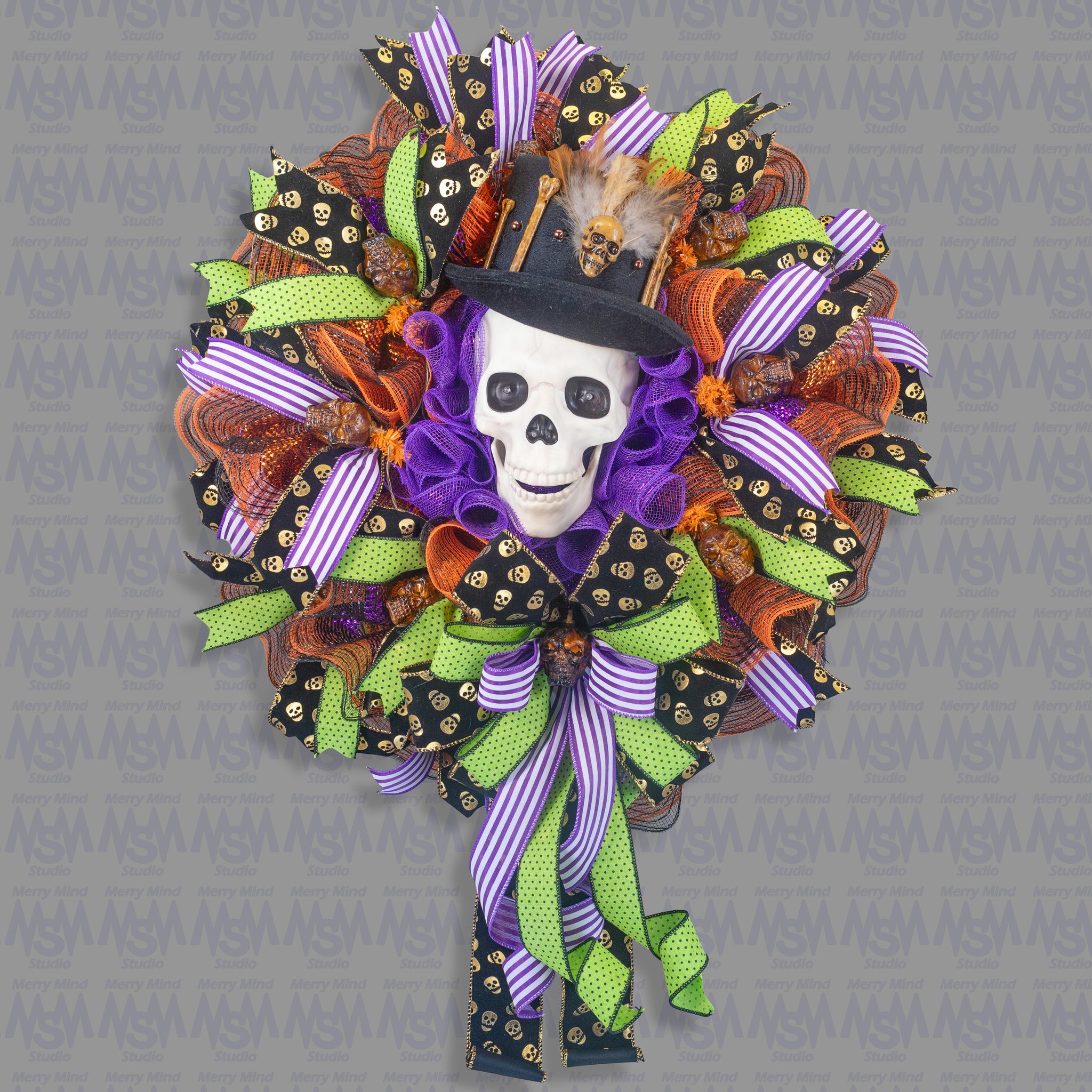 Halloween Wreath, talking skull wreath, lighted skull wreath, skull wreath, front door wreath, Autumn, fall W40813A