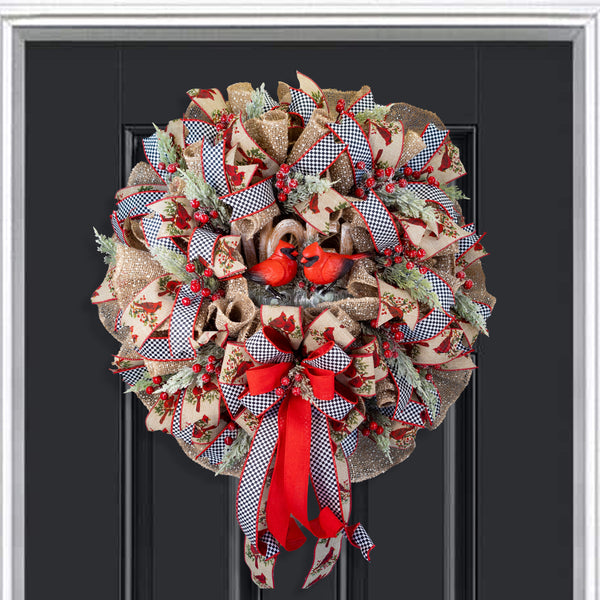 Cardinal wreath, Christmas, Winter, singing cardinals, lighted, whimsical, NOEL, door hanger, front door decor, elegant, large 27"W41110A