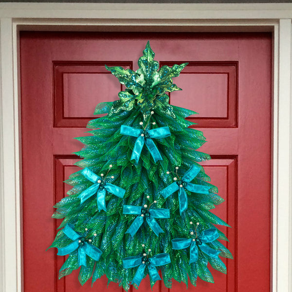 Christmas tree, front door, decor, wreath, peacock colors, peacock poinsettia, mesh, deluxe, everyday, year-round, 24x32in, W41116A