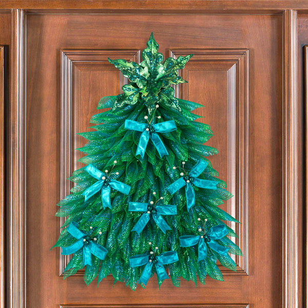 Christmas tree, front door, decor, wreath, peacock colors, peacock poinsettia, mesh, deluxe, everyday, year-round, 24x32in, W41116A