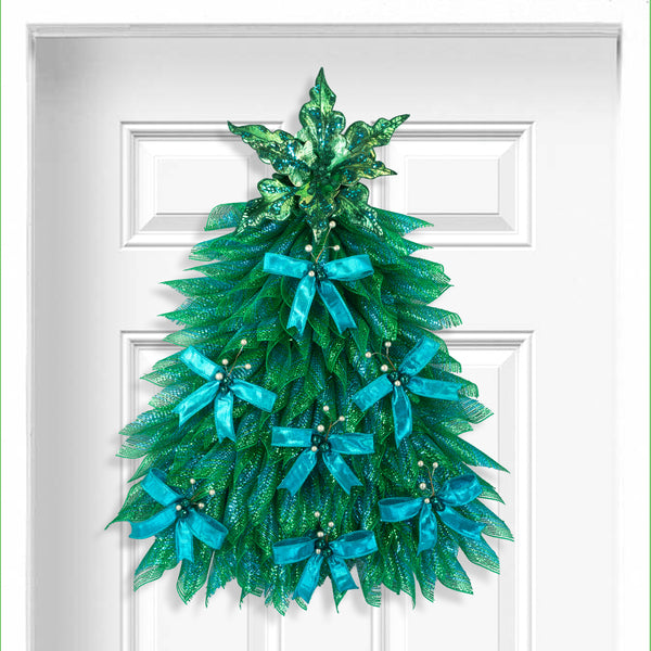 Christmas tree, front door, decor, wreath, peacock colors, peacock poinsettia, mesh, deluxe, everyday, year-round, 24x32in, W41116A