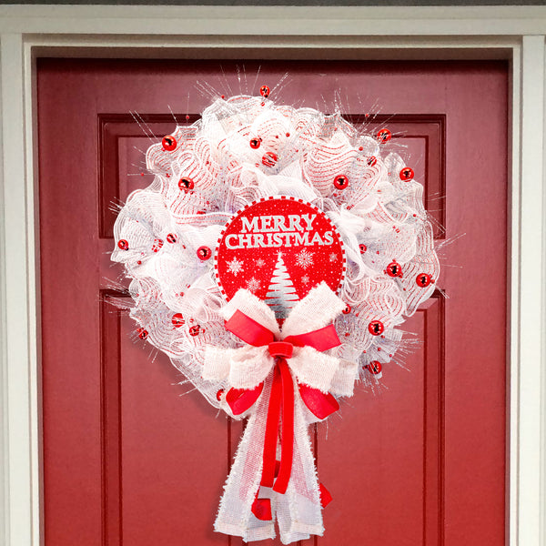 Christmas wreath, lighted, elegant red and white, ornaments, Christmas tree, door, hanger, holiday, large, 25" W41130A