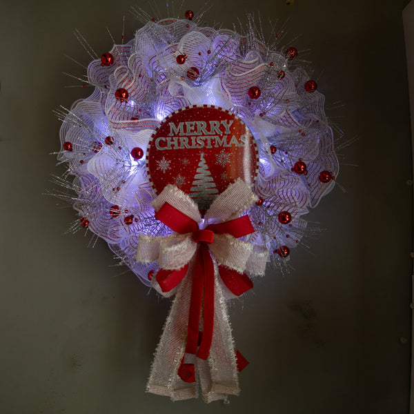 Christmas wreath, lighted, elegant red and white, ornaments, Christmas tree, door, hanger, holiday, large, 25" W41130A