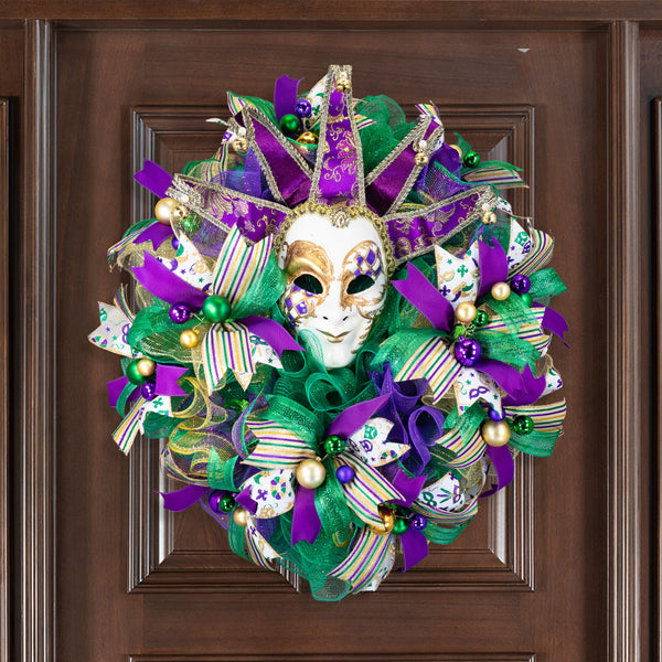 Mardi Gras Wreath, Jester mask, Celebration, New Orleans, Laissez les bon temps rouler, 28in, W50105A.