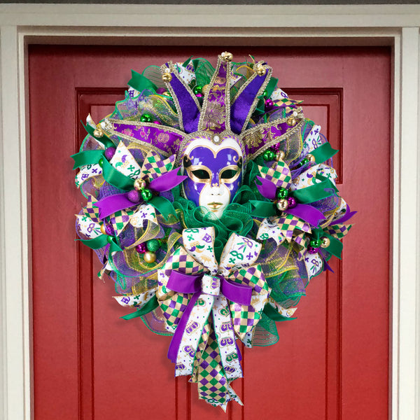 Mardi Gras Wreath, Jester mask, Lighted, Celebration, New Orleans, Laissez les bon temps rouler, 27in, W50119A.