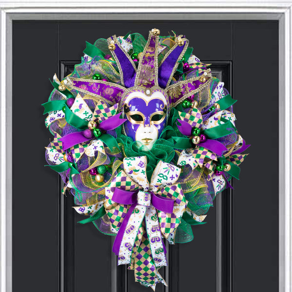 Mardi Gras Wreath, Jester mask, Lighted, Celebration, New Orleans, Laissez les bon temps rouler, 27in, W50119A.