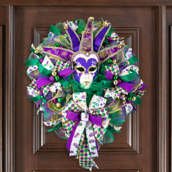 Mardi Gras Wreath, Jester mask, Lighted, Celebration, New Orleans, Laissez les bon temps rouler, 27in, W50119A.