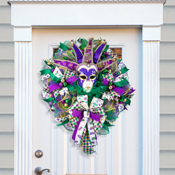 Mardi Gras Wreath, Jester mask, Lighted, Celebration, New Orleans, Laissez les bon temps rouler, 27in, W50119A.