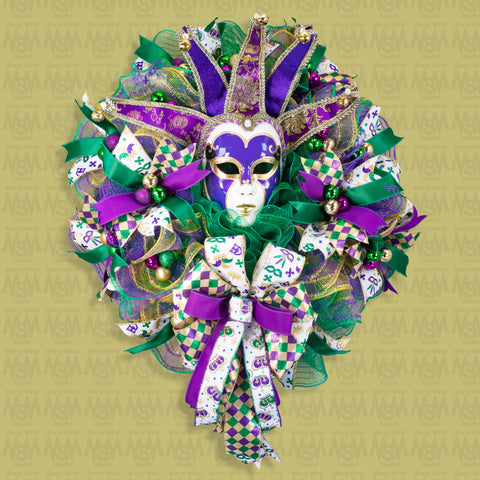 Mardi Gras Wreath, Jester mask, Lighted, Celebration, New Orleans, Laissez les bon temps rouler, 27in, W50119A.