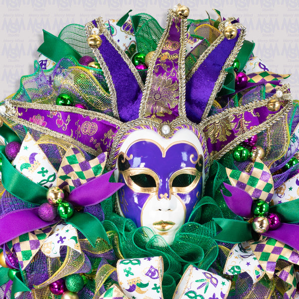 Mardi Gras Wreath, Jester mask, Lighted, Celebration, New Orleans, Laissez les bon temps rouler, 27in, W50119A.