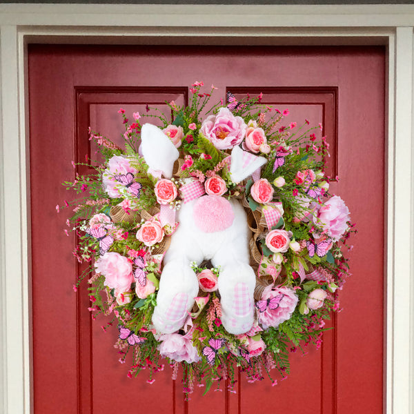 Easter wreath, bunny wreath, bunny diver, bunny butt, pink white plaid, X-large, 32". W50202A