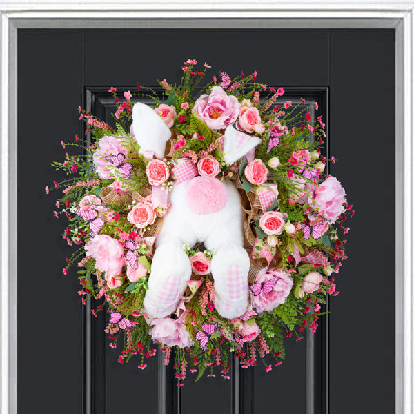 Easter wreath, bunny wreath, bunny diver, bunny butt, pink white plaid, X-large, 32". W50202A