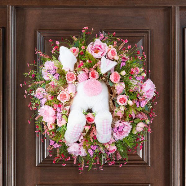 Easter wreath, bunny wreath, bunny diver, bunny butt, pink white plaid, X-large, 32". W50202A