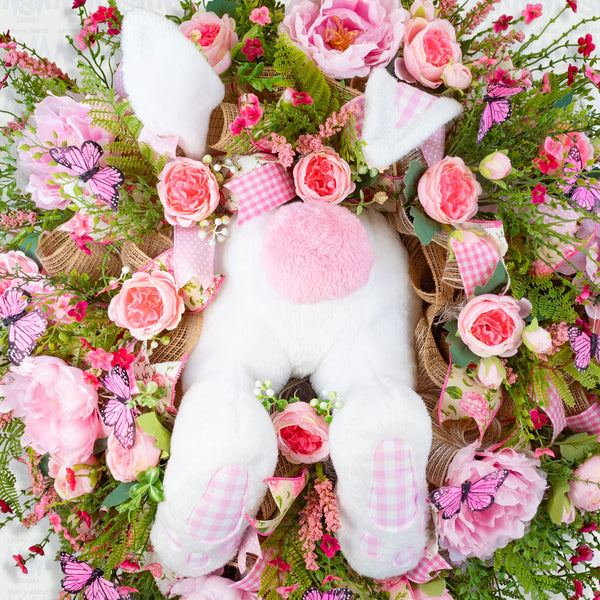 Easter wreath, bunny wreath, bunny diver, bunny butt, pink white plaid, X-large, 32". W50202A