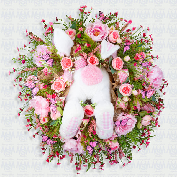 Easter wreath, bunny wreath, bunny diver, bunny butt, pink white plaid, X-large, 32". W50202A