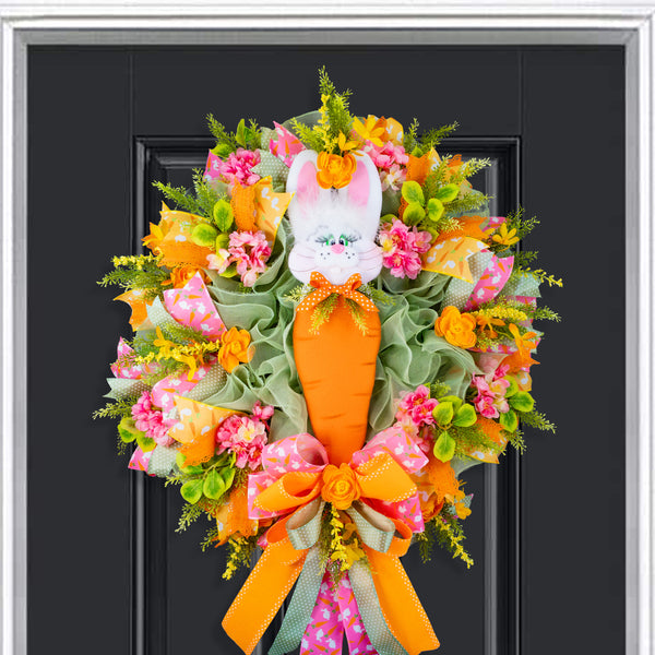 Easter wreath, bunny wreath, bunny head, carrot, floral, large, 28x36". W50218A