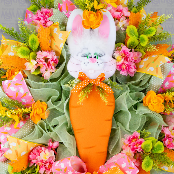 Easter wreath, bunny wreath, bunny head, carrot, floral, large, 28x36". W50218A