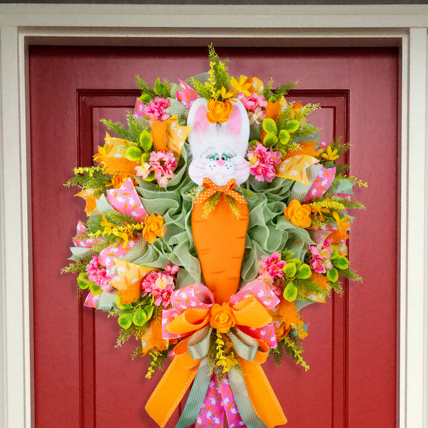 Easter wreath, bunny wreath, bunny head, carrot, floral, large, 28x36". W50218A