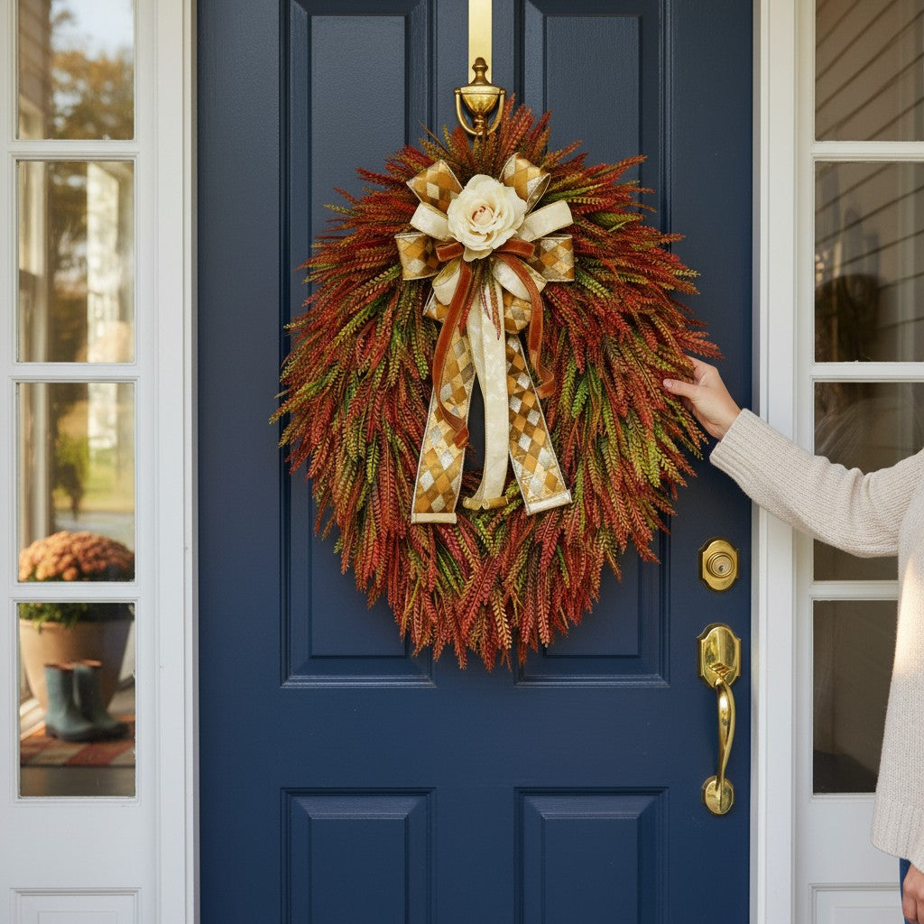 Autumn bead grass wreath, Extra Large, grapevine base, fall floral wreath, 24"x36", front door, door hanger, wall, gift. W50927A