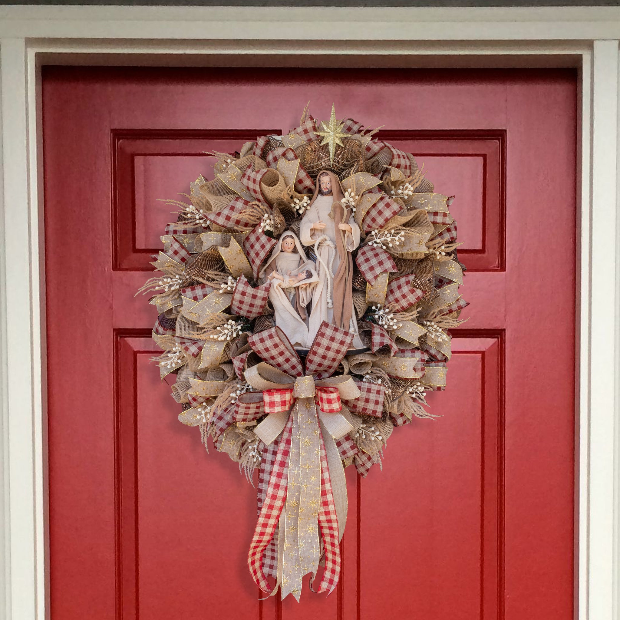 Christmas nativity wreath, Remote control lighting, Extra Large, grapevine base, 26"x 37", front door, door hanger, wall, gift. W51109A