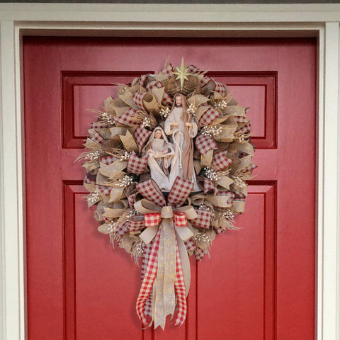 Christmas nativity wreath, Remote control lighting, Extra Large, grapevine base, 26"x 37", front door, door hanger, wall, gift. W51109A