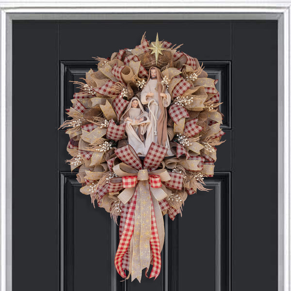 Christmas nativity wreath, Remote control lighting, Extra Large, grapevine base, 26"x 37", front door, door hanger, wall, gift. W51109A