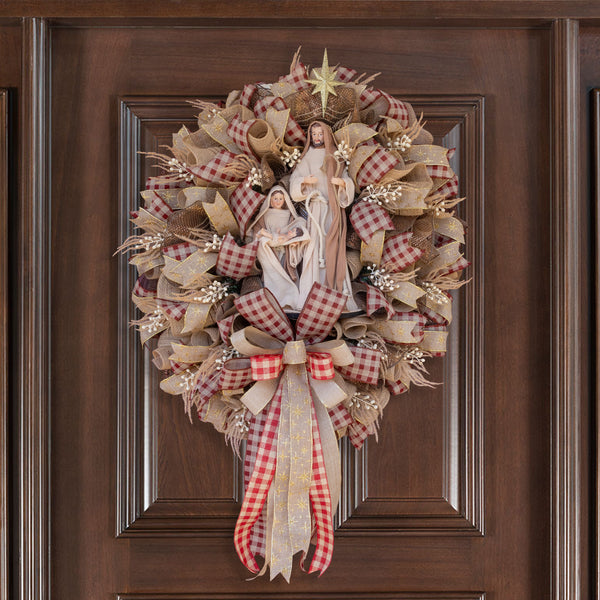 Christmas nativity wreath, Remote control lighting, Extra Large, grapevine base, 26"x 37", front door, door hanger, wall, gift. W51109A