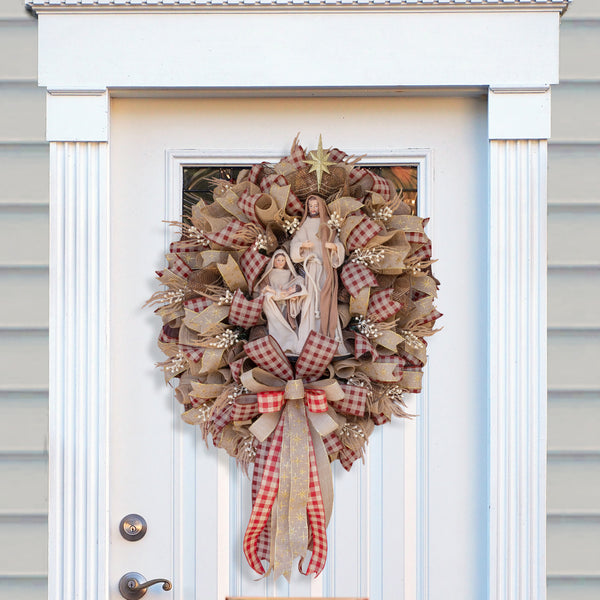 Christmas nativity wreath, Remote control lighting, Extra Large, grapevine base, 26"x 37", front door, door hanger, wall, gift. W51109A