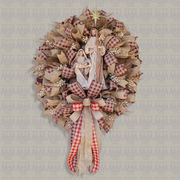 Christmas nativity wreath, Remote control lighting, Extra Large, grapevine base, 26"x 37", front door, door hanger, wall, gift. W51109A