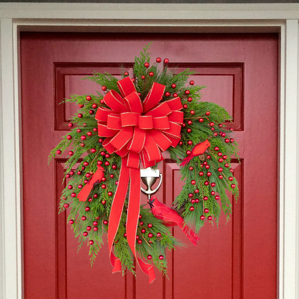 Christmas, grapevine wreath, evergreen, cardinals, front door wreath, door hanger, gift, 27" x 31".  W51120A.