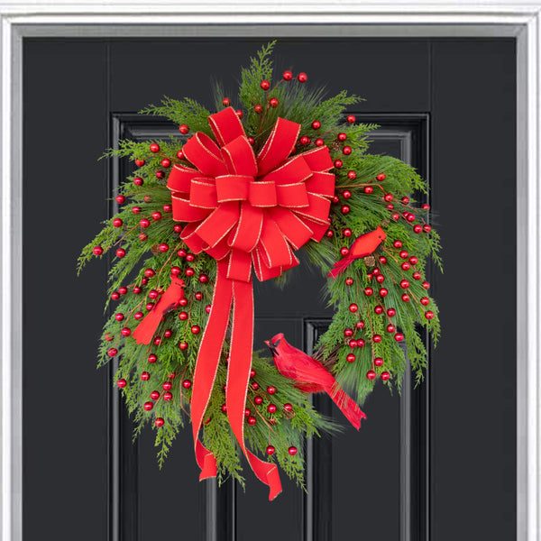 Christmas, grapevine wreath, evergreen, cardinals, front door wreath, door hanger, gift, 27" x 31".  W51120A.
