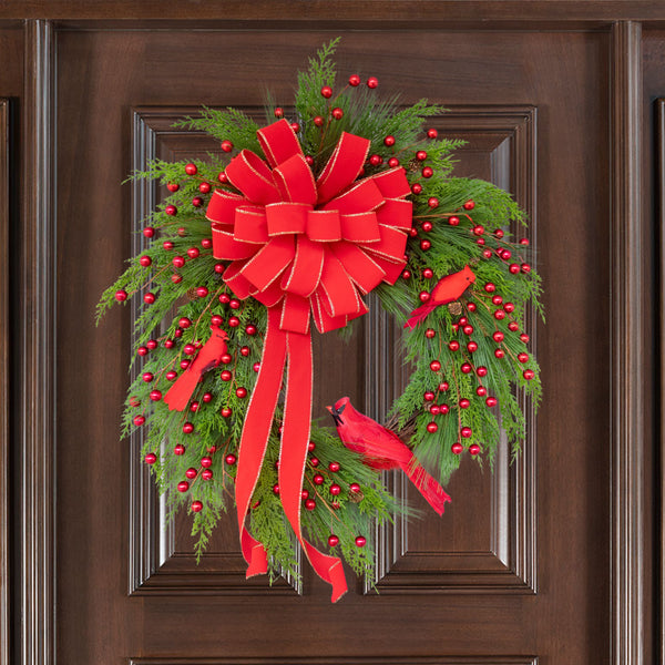 Christmas, grapevine wreath, evergreen, cardinals, front door wreath, door hanger, gift, 27" x 31".  W51120A.