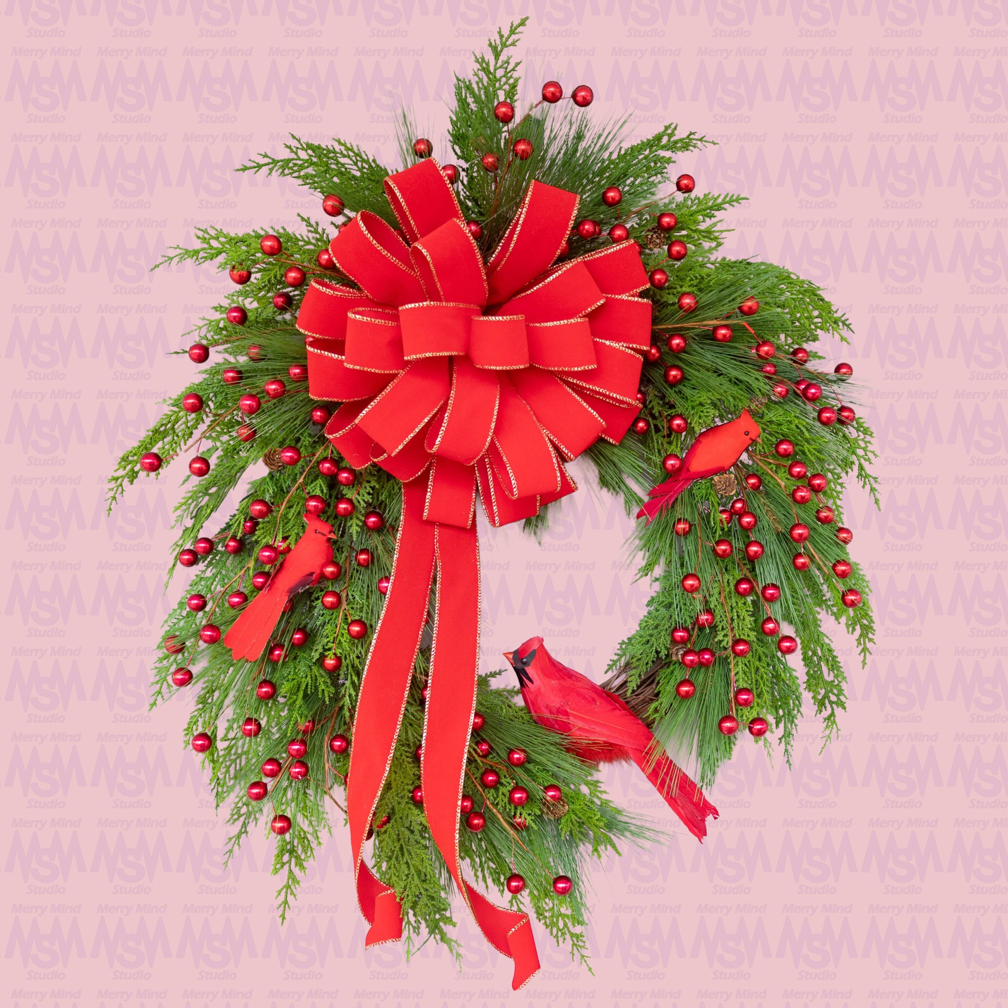 Christmas, grapevine wreath, evergreen, cardinals, front door wreath, door hanger, gift, 27" x 31".  W51120A.