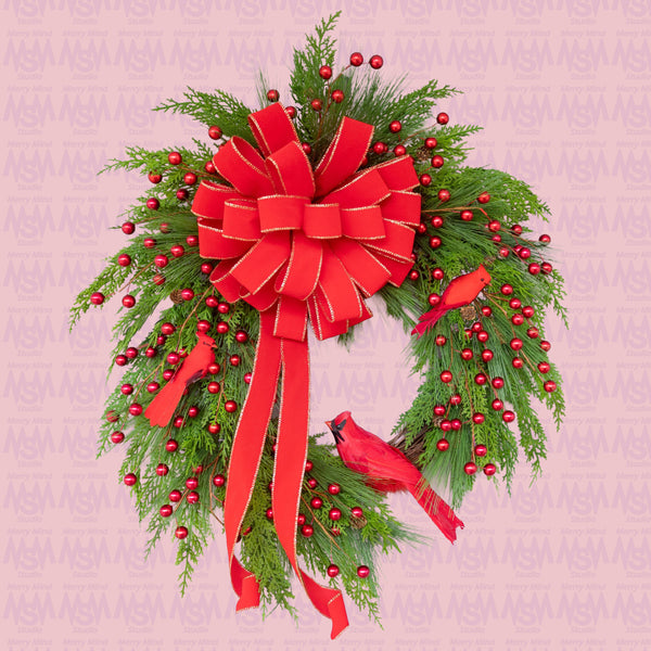 Christmas, grapevine wreath, evergreen, cardinals, front door wreath, door hanger, gift, 27" x 31".  W51120A.
