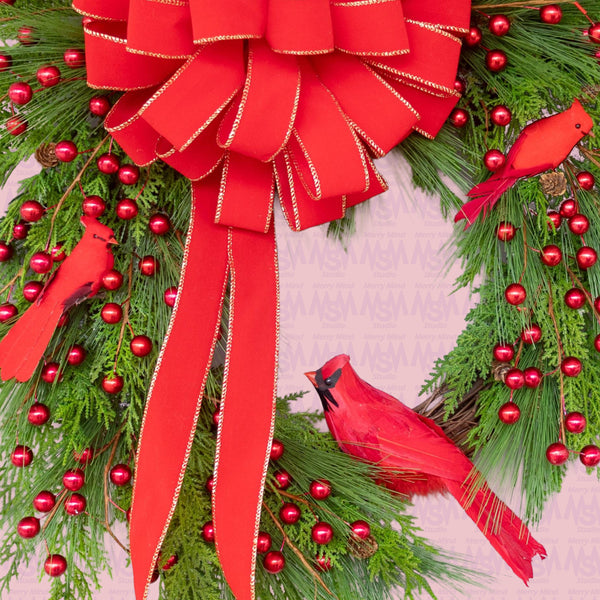 Christmas, grapevine wreath, evergreen, cardinals, front door wreath, door hanger, gift, 27" x 31".  W51120A.