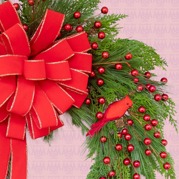 Christmas, grapevine wreath, evergreen, cardinals, front door wreath, door hanger, gift, 27" x 31".  W51120A.