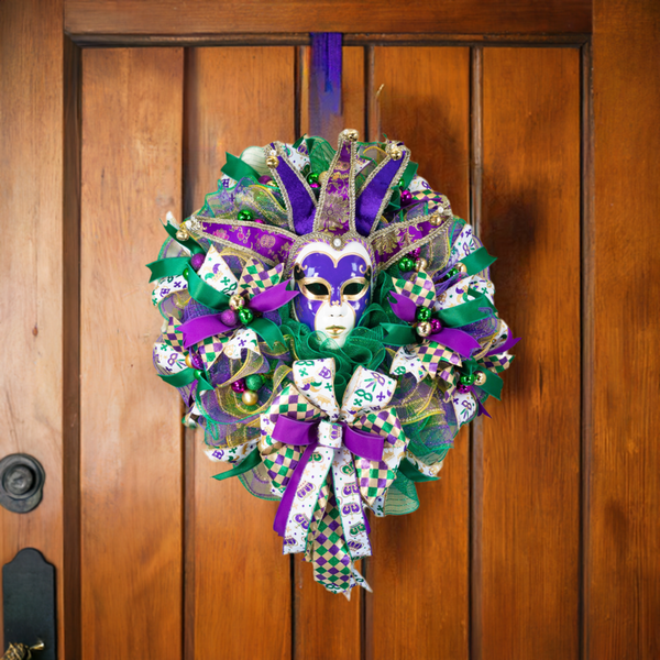 Mardi Gras Wreath, Jester mask, Lighted, Celebration, New Orleans, Laissez les bon temps rouler, 27in, W50119A.