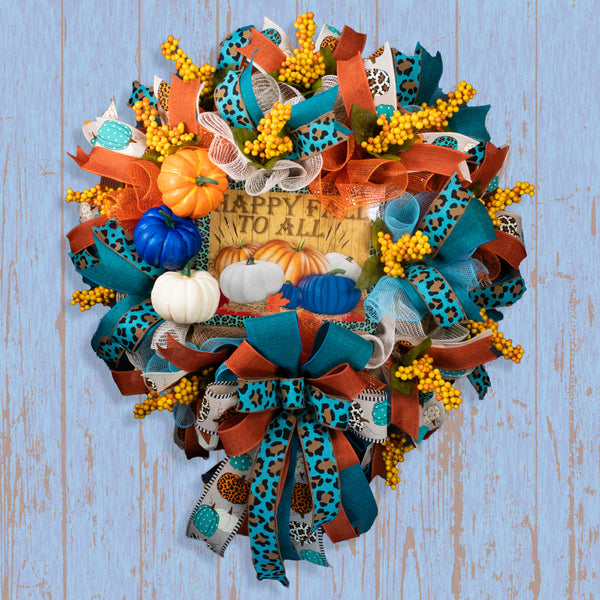 Autumn wreath, berries, pumpkins, orange, happy fall to all, 27", Fall decor, door, hanger.  W09111B
