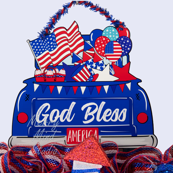 4th of July wreath, patriotic, USA, rail, God bless America, W04221D