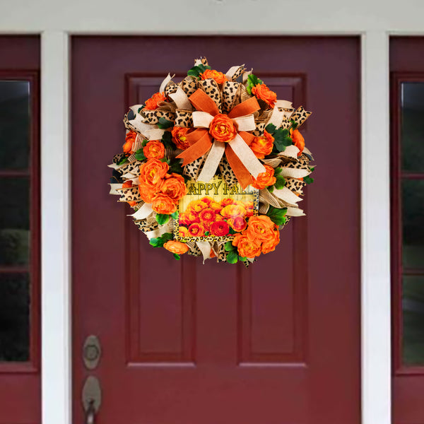 Flower wreath, orange Ranunculus, happy fall, 27", Autumn. W08061B