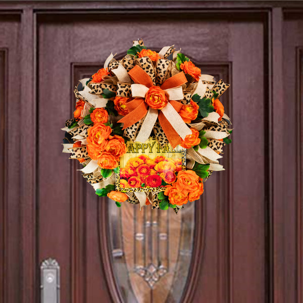 Flower wreath, orange Ranunculus, happy fall, 27", Autumn. W08061B