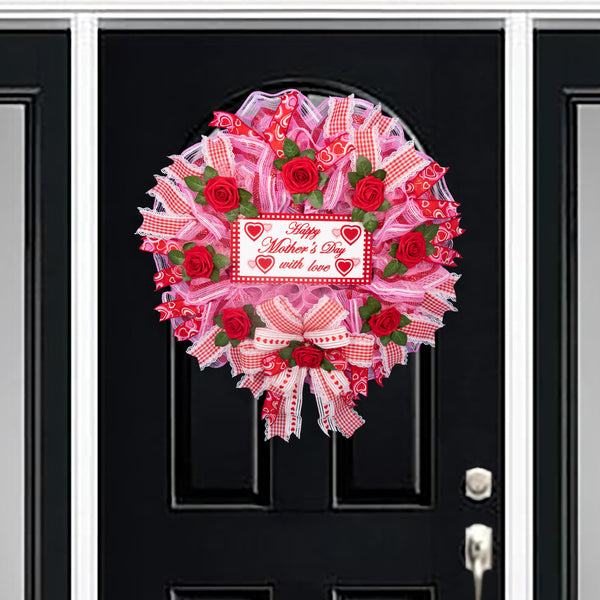 Mother's day wreath, heart wreath, front door wreath, floral wreath, door hanger, red roses, pink, red, 27". W20417A