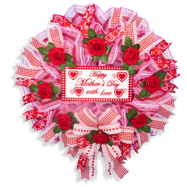 Mother's day wreath, heart wreath, front door wreath, floral wreath, door hanger, red roses, pink, red, 27". W20417A